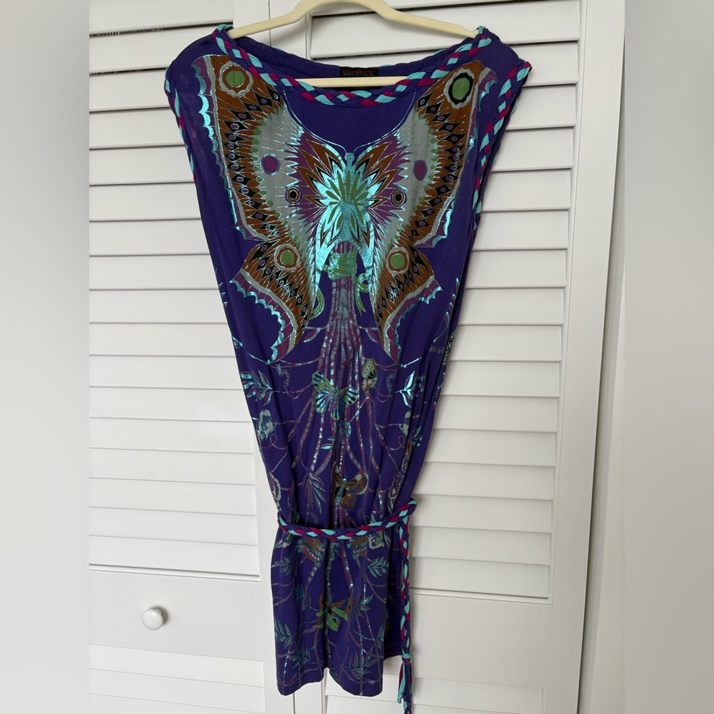 Custo Barcelona Purple Mini Dress with Braided Trim, painted butterfly